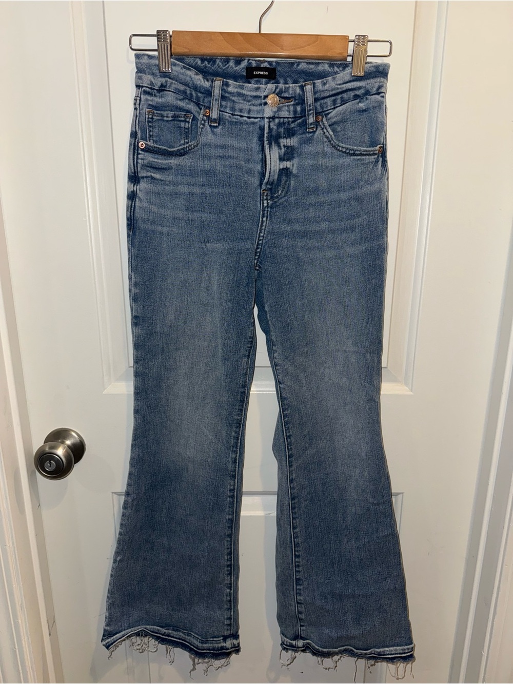 Express Women's Mid Wash Flare Jeans - Blue